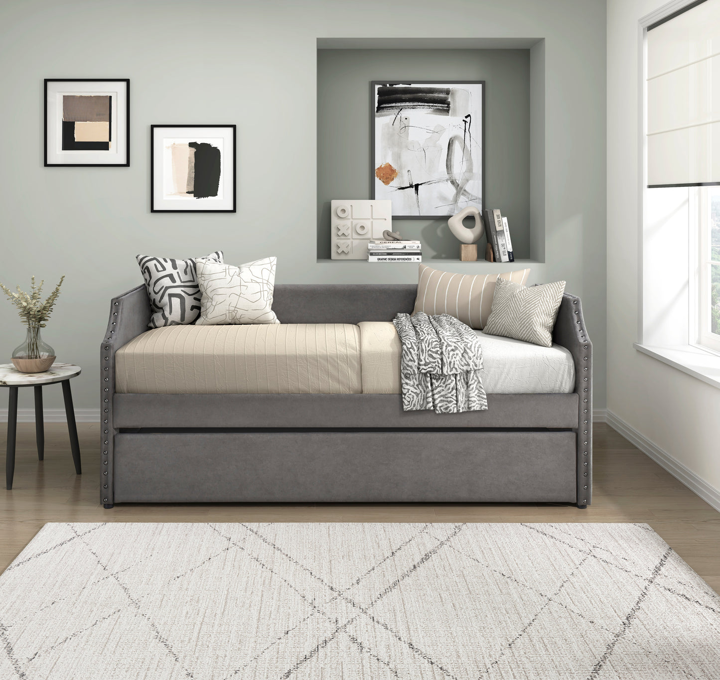 Homelegance Daybed with Trundle Dark Gray Upholstered Nailhead Trim 4988DG