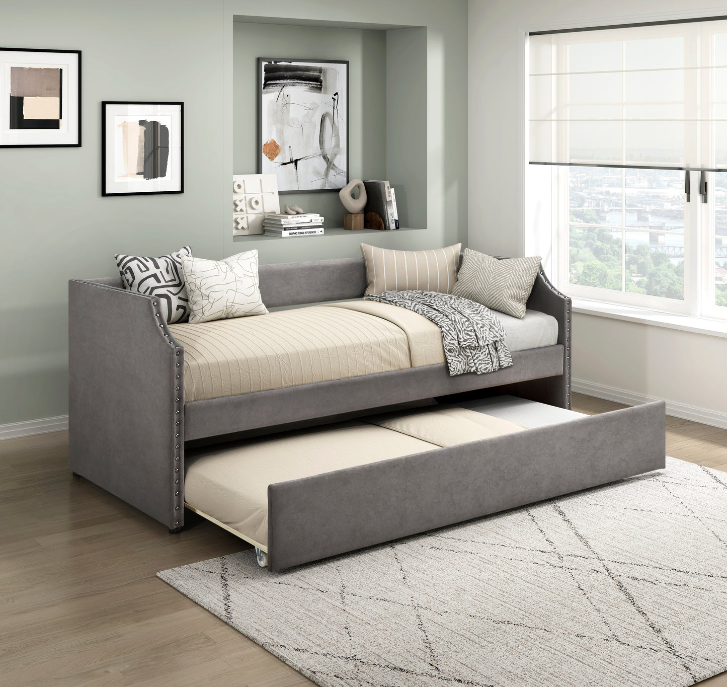 Homelegance Daybed with Trundle Dark Gray Upholstered Nailhead Trim 4988DG