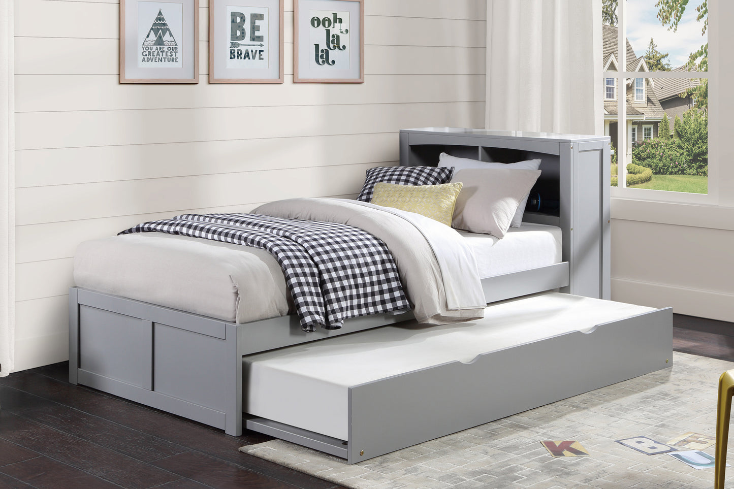 Homelegance Twin Bookcase Bed with Twin Trundle Gray Orion B2063BC-1R