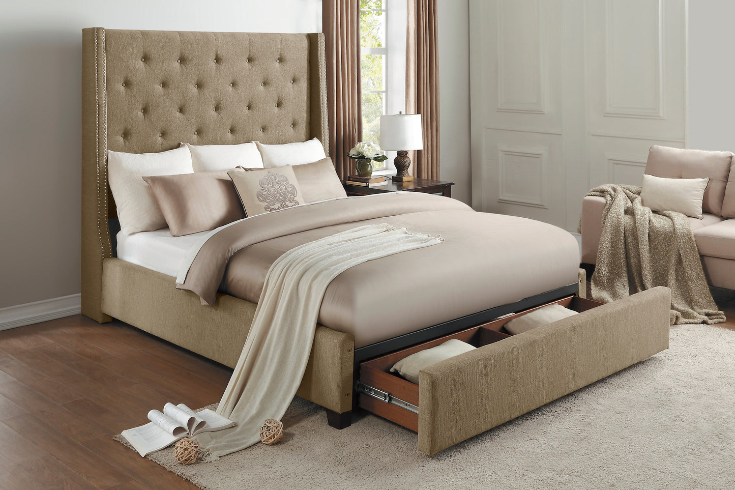 Homelegance Queen Bed Fairborn Brown Fabric with Storage 5877BR-1DW