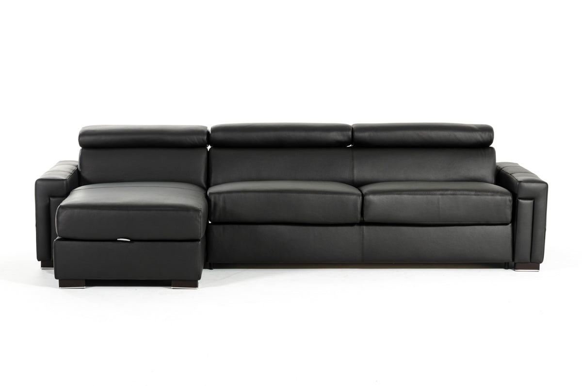 Lamod Italia Sacha Modern Black Leather Reversible Sectional Sofa Bed with Storage