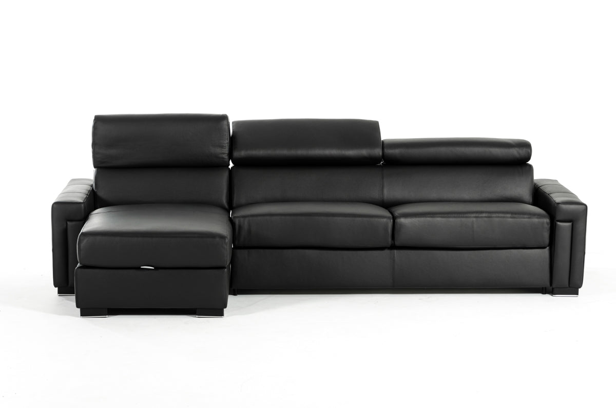 Lamod Italia Sacha Modern Black Leather Reversible Sectional Sofa Bed with Storage