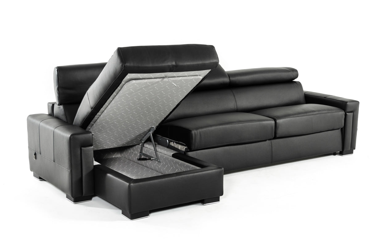 Lamod Italia Sacha Modern Black Leather Reversible Sectional Sofa Bed with Storage