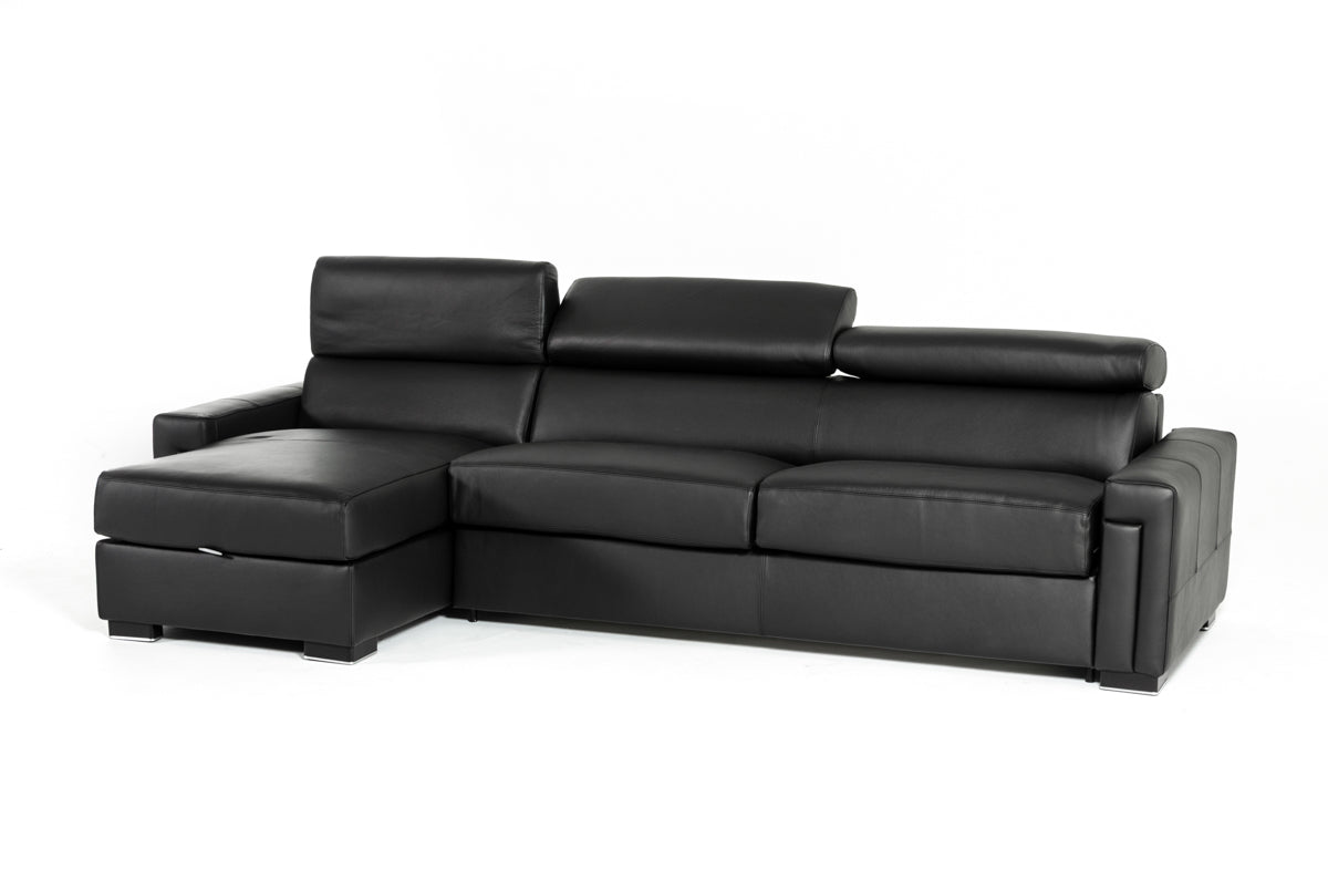 Lamod Italia Sacha Modern Black Leather Reversible Sectional Sofa Bed with Storage