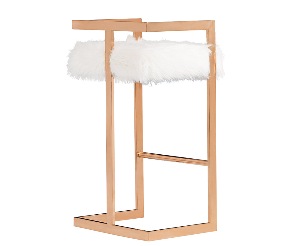 Modrest Halifax Modern White Faux Fur and Rosegold Bar Stool