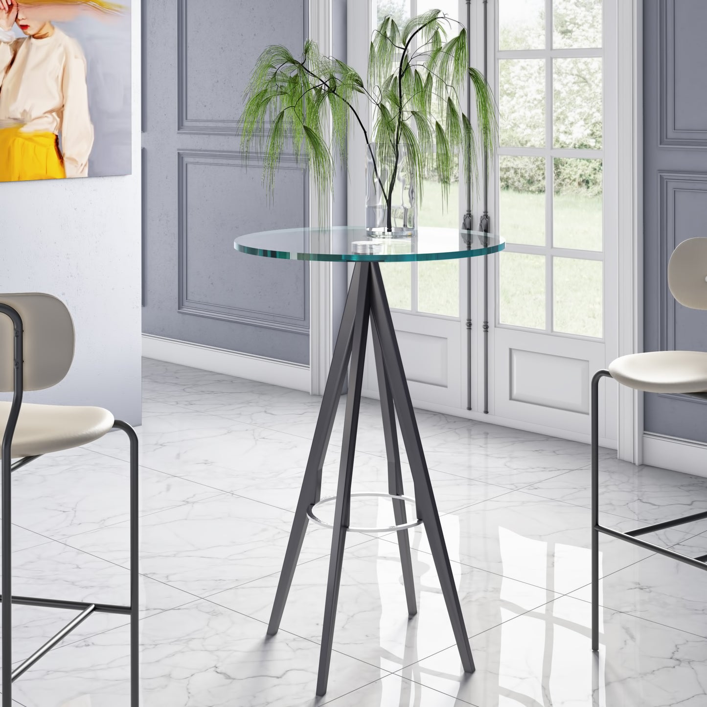 Modrest Dallas Clear Glass and Black Metal Bar Table