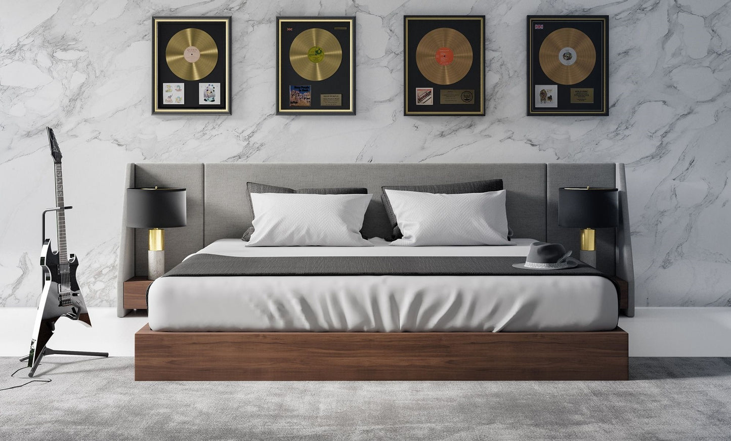Nova Domus Janice Modern Grey Fabric and Walnut Bed and Nightstands