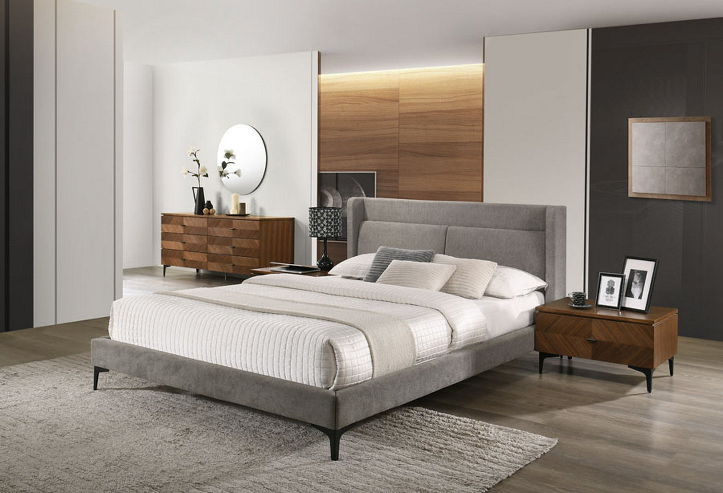 Modrest Paula Queen Mid-Century Grey Upholstered Bed