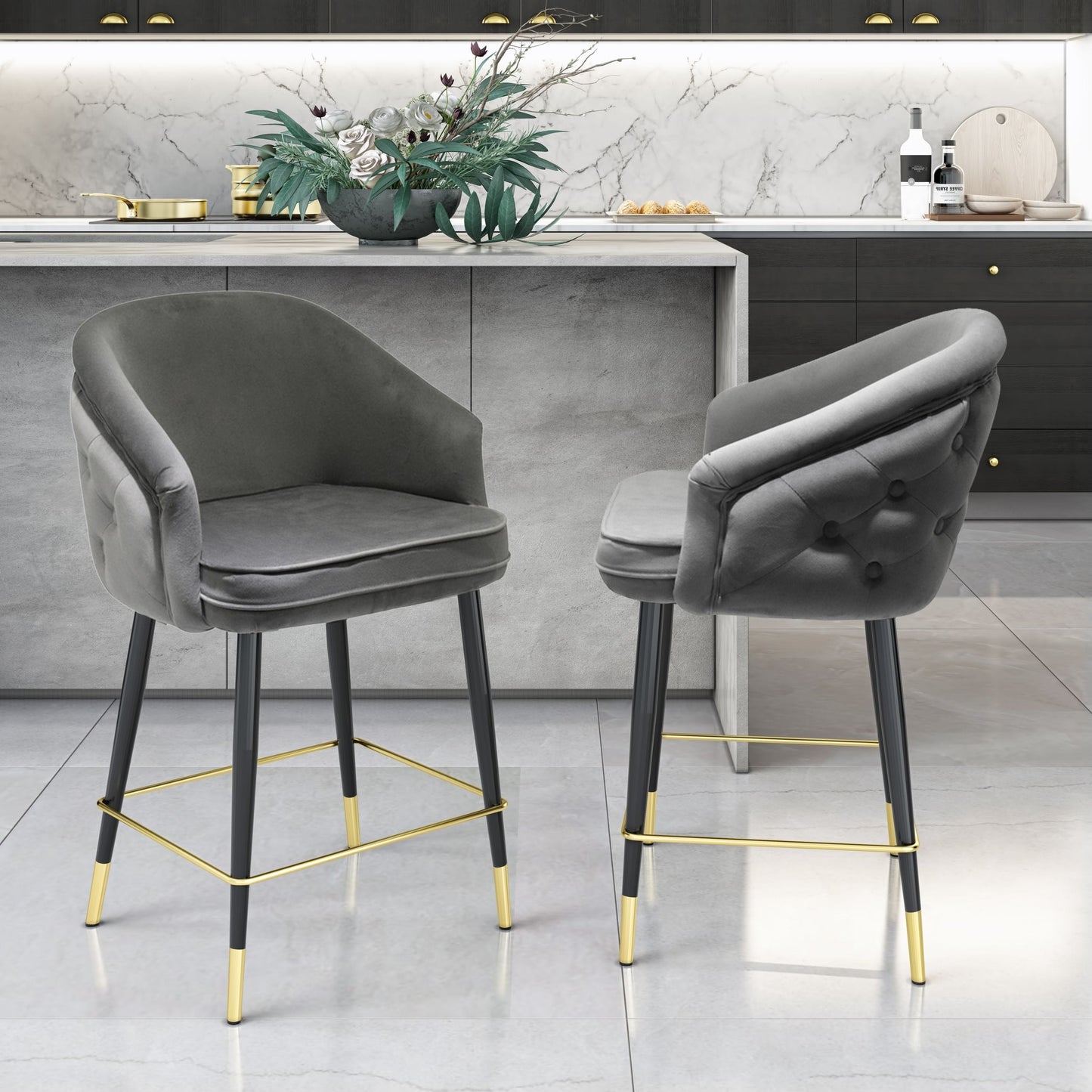 Modrest Elliot Contemporary Grey and Black/Gold Dining Bar Stool