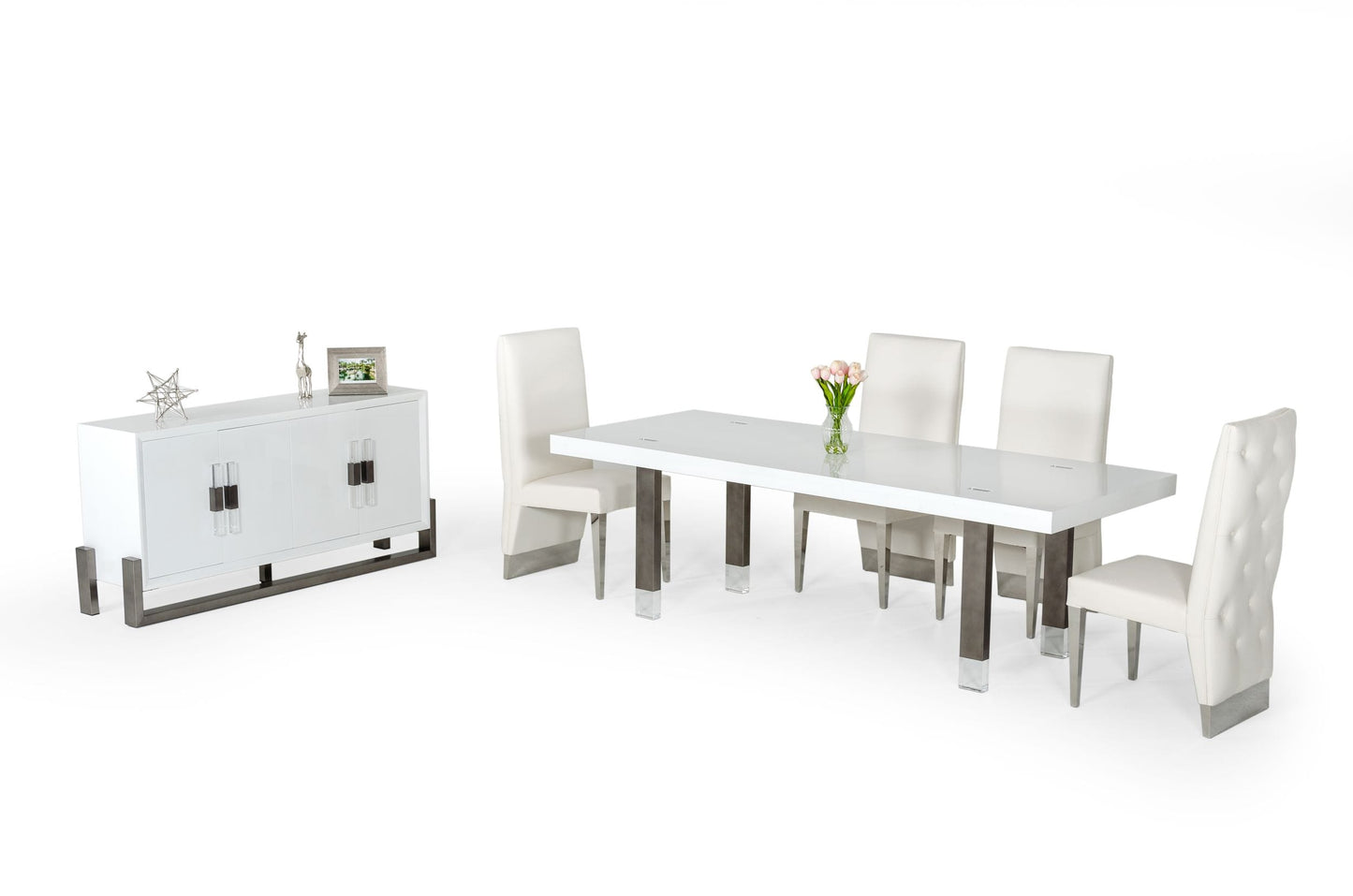 Modrest Lenny- Modern White High Gloss and Stainless Steel Gun Metal Dining Table