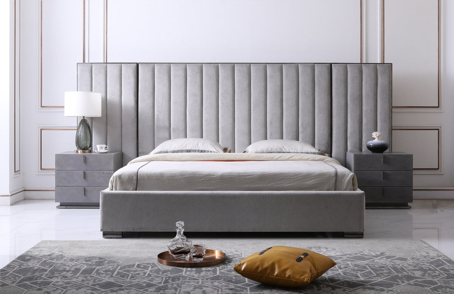 Queen Modrest Buckley Modern Grey and Black Stainless Steel Bed w/ Nightstands