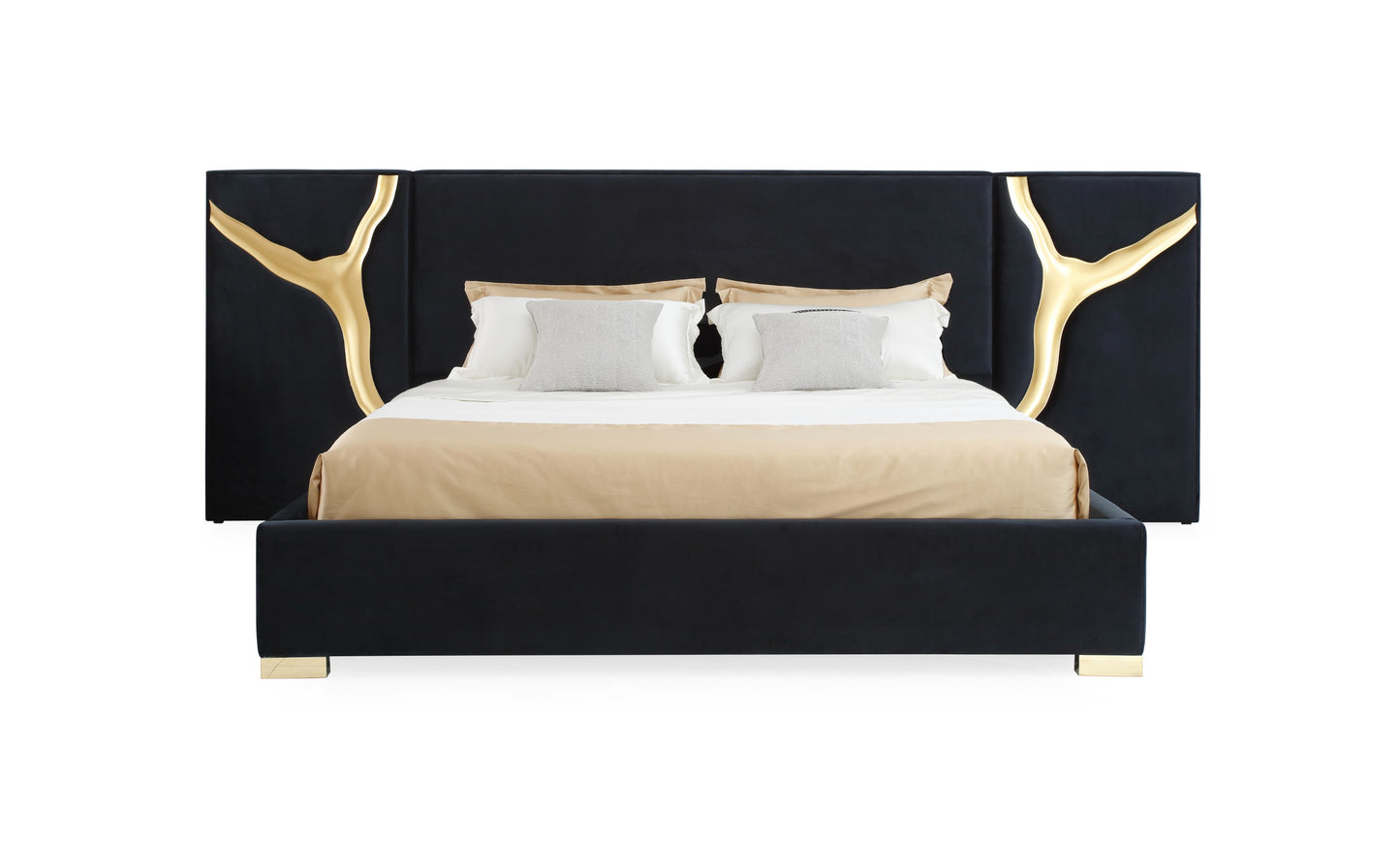 Modrest Aspen East King Glam Black Velvet and Gold Bed