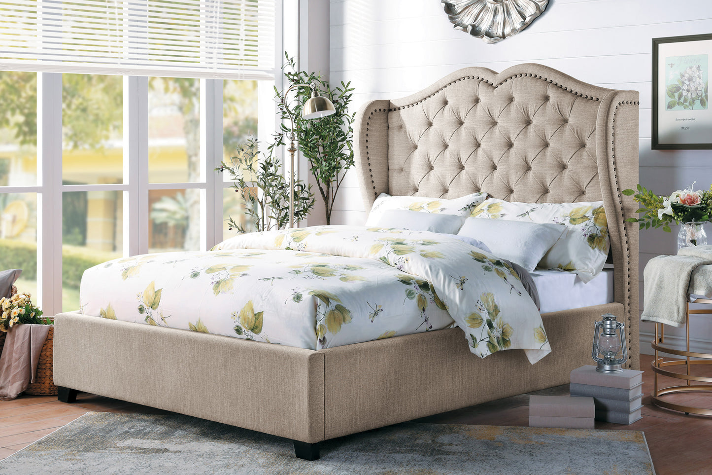 Homelegance Queen Bed Waterlyn Beige Upholstered Wingback Design 1639-1