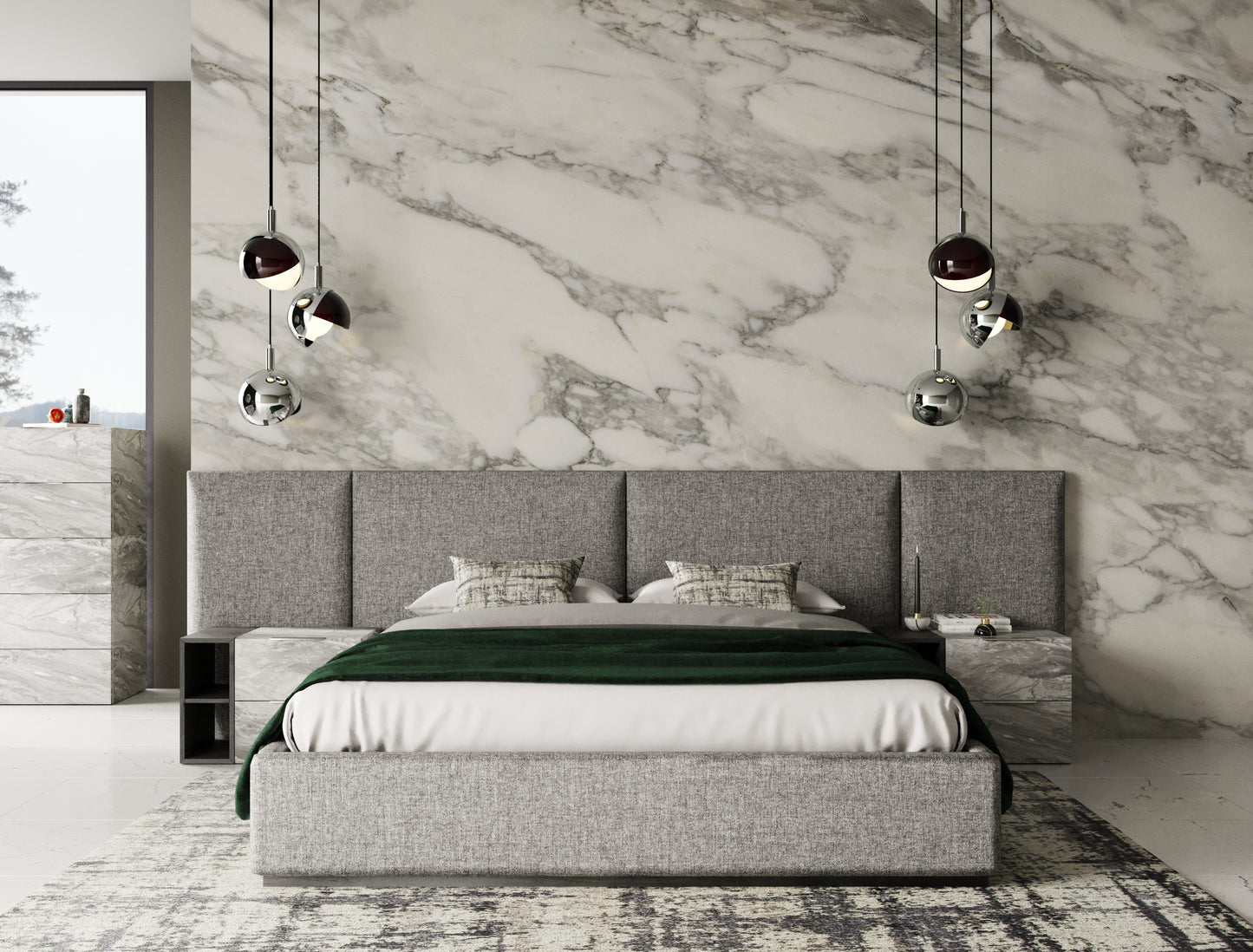 Nova Domus Maranello Modern Grey Fabric Bed w/ Two Nightstands