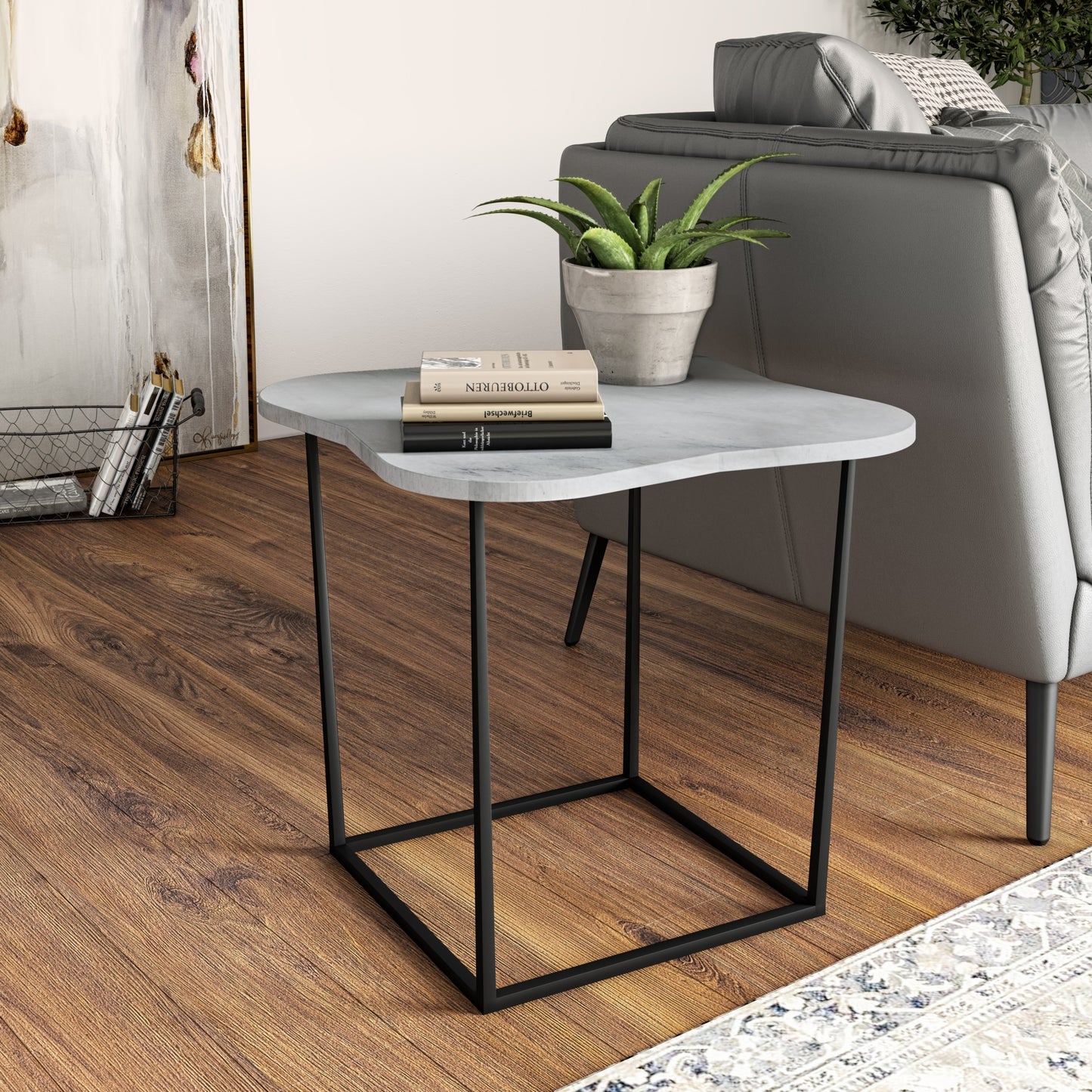 Modrest Aleidy White Marble Black Metal End Table