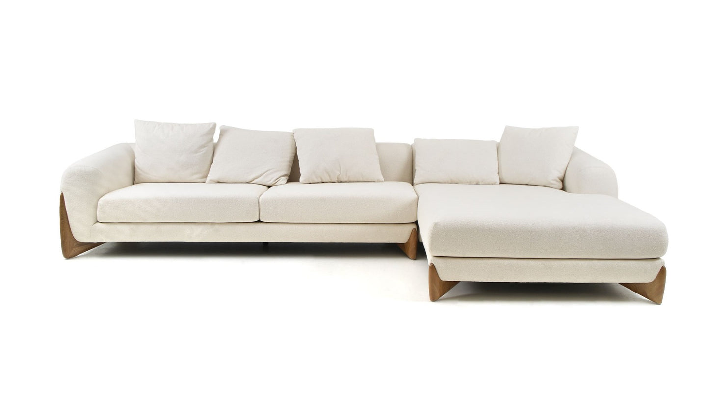 Modrest Fleury Contemporary Cream Fabric and Walnut RAF Sectional Sofa