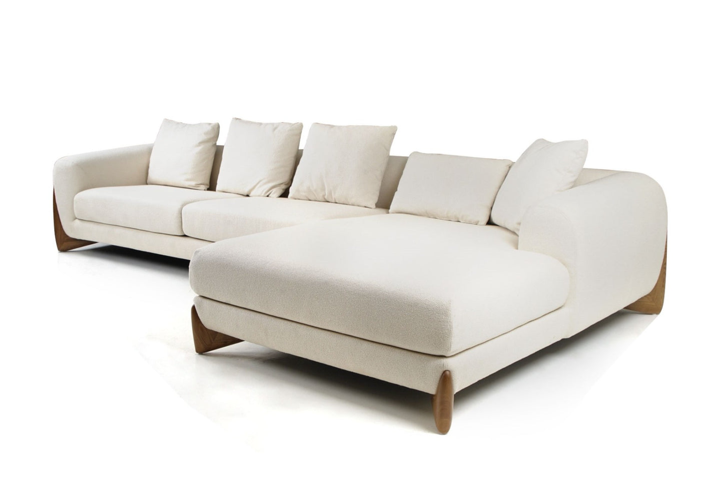 Modrest Fleury Contemporary Cream Fabric and Walnut RAF Sectional Sofa