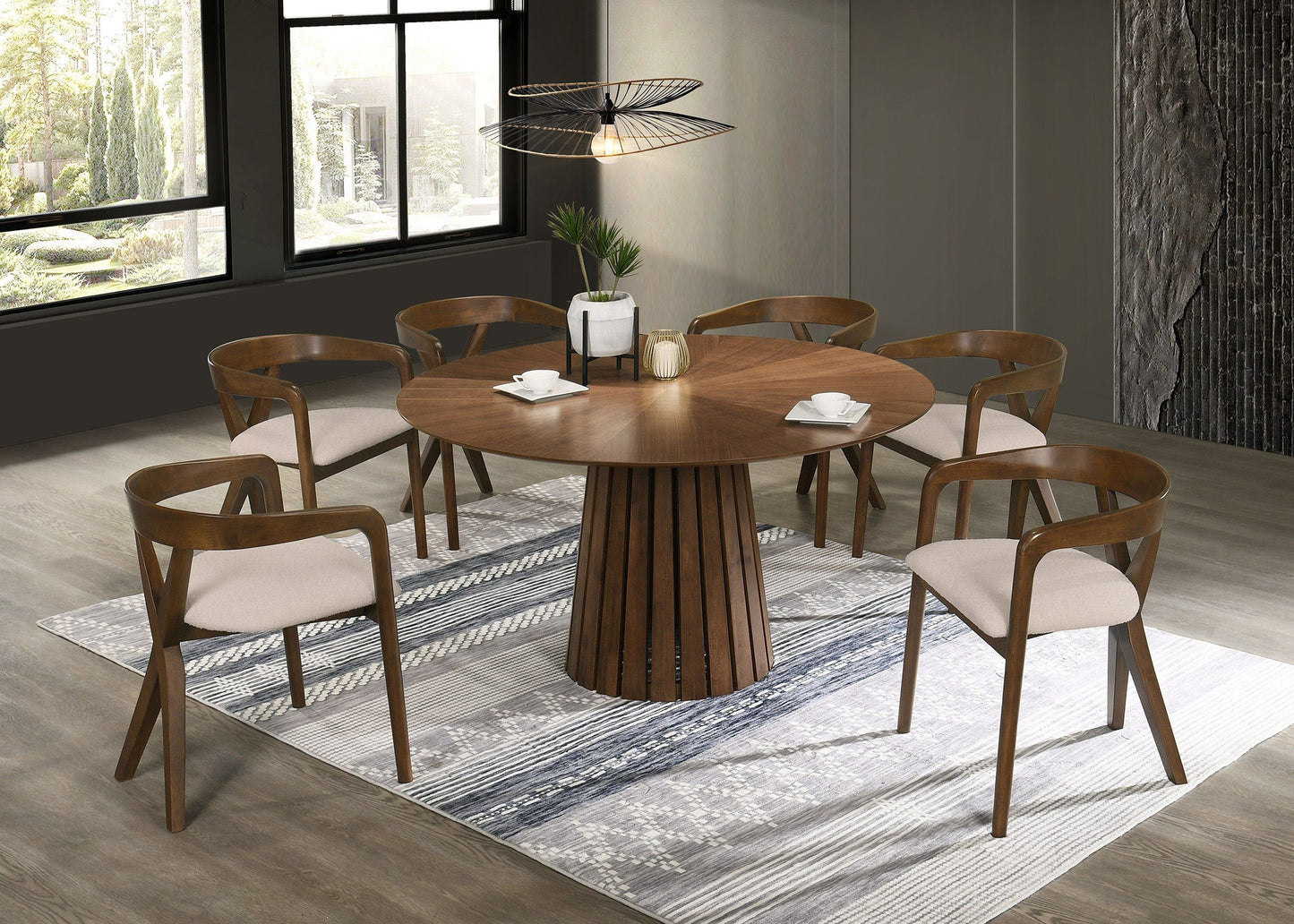 Modrest Weiss Mid-Century Modern Walnut Round Dining Table 6 Chair Set