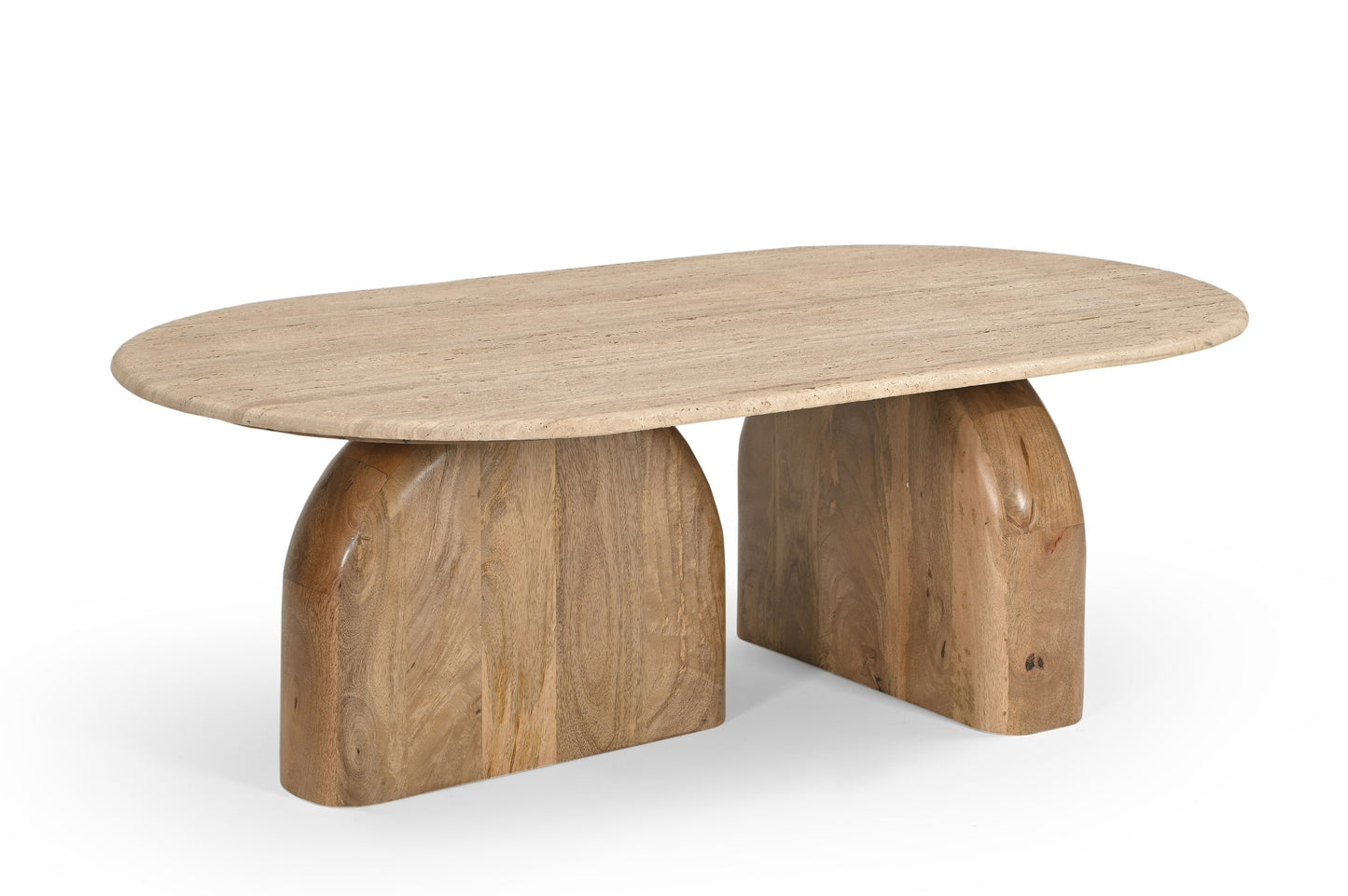 Modrest Kellison Modern Travertine Marble Wood Oval Coffee Table