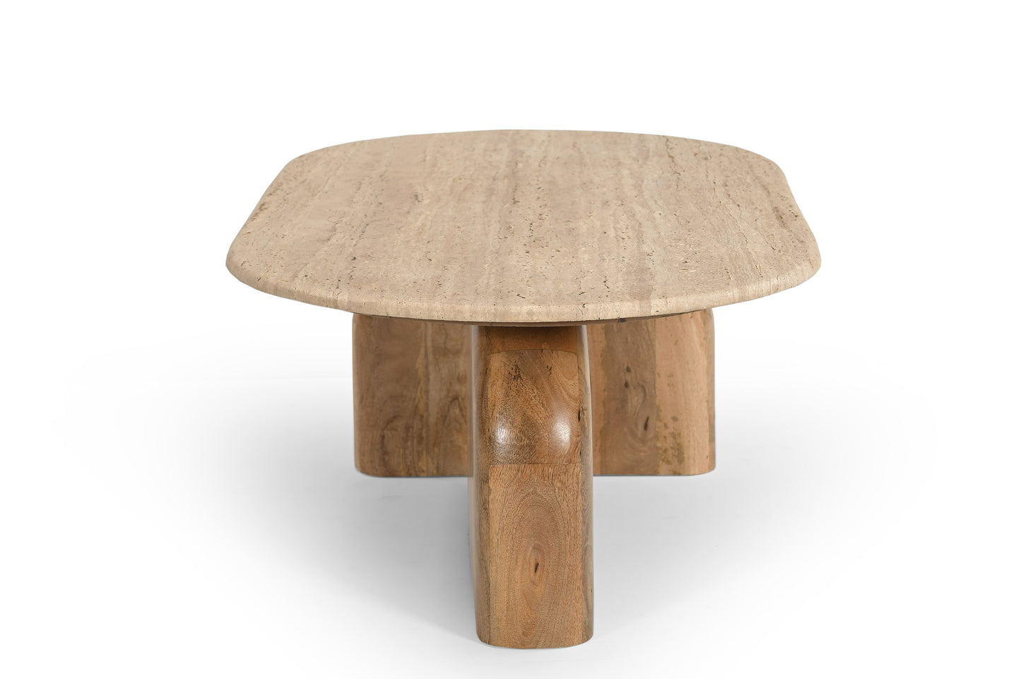 Modrest Kellison Modern Travertine Marble Wood Oval Coffee Table