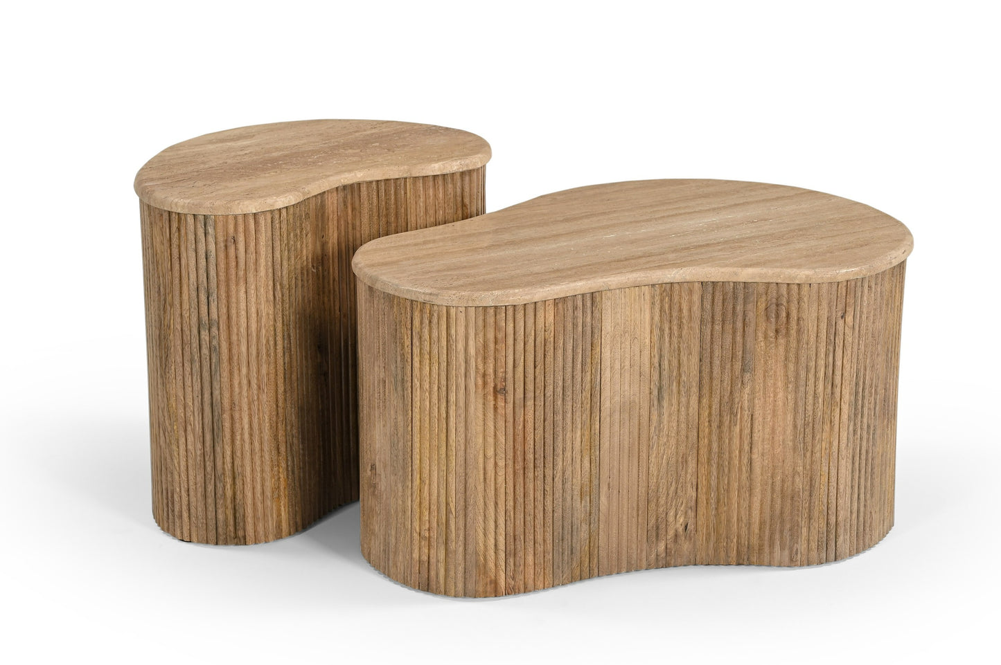 Modern Matador Modern Travertine Marble Wood Freeform Coffee Table Set