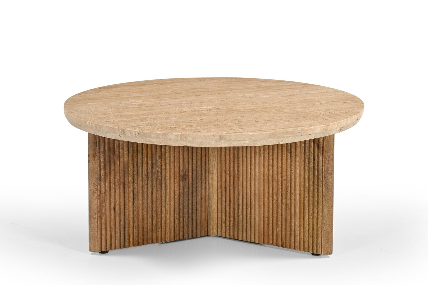 Modrest Pawnee Modern Travertine Marble Wood Round Coffee Table