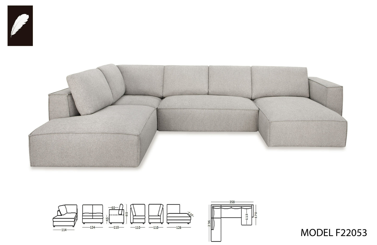 Divani Casa Lulu Modern Light Grey Fabric Modular Sectional Sofa w/ Right Facing Chaise