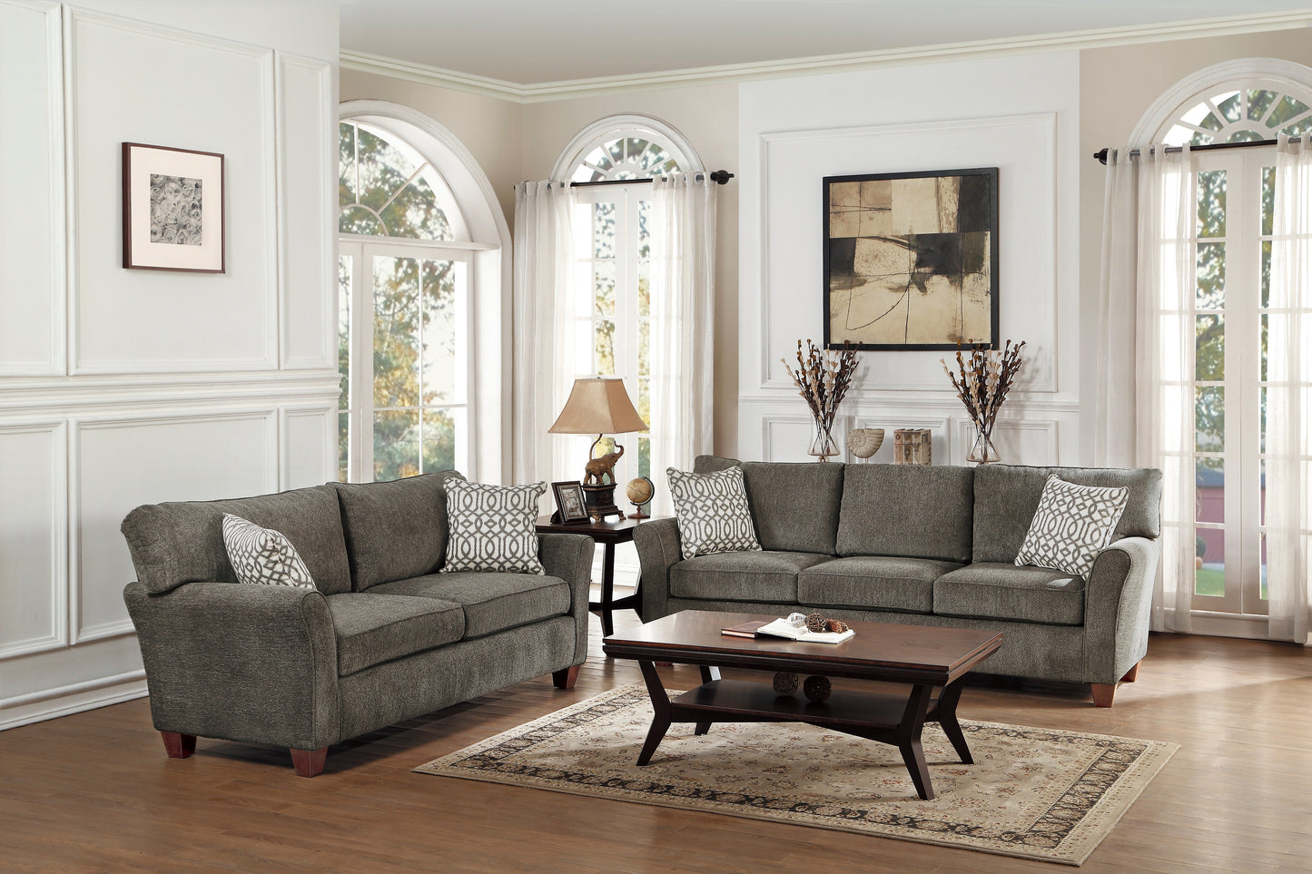 Homelegance Alain Loveseat in Brownish Gray Chenille with Dark Cherry Legs 8225-2