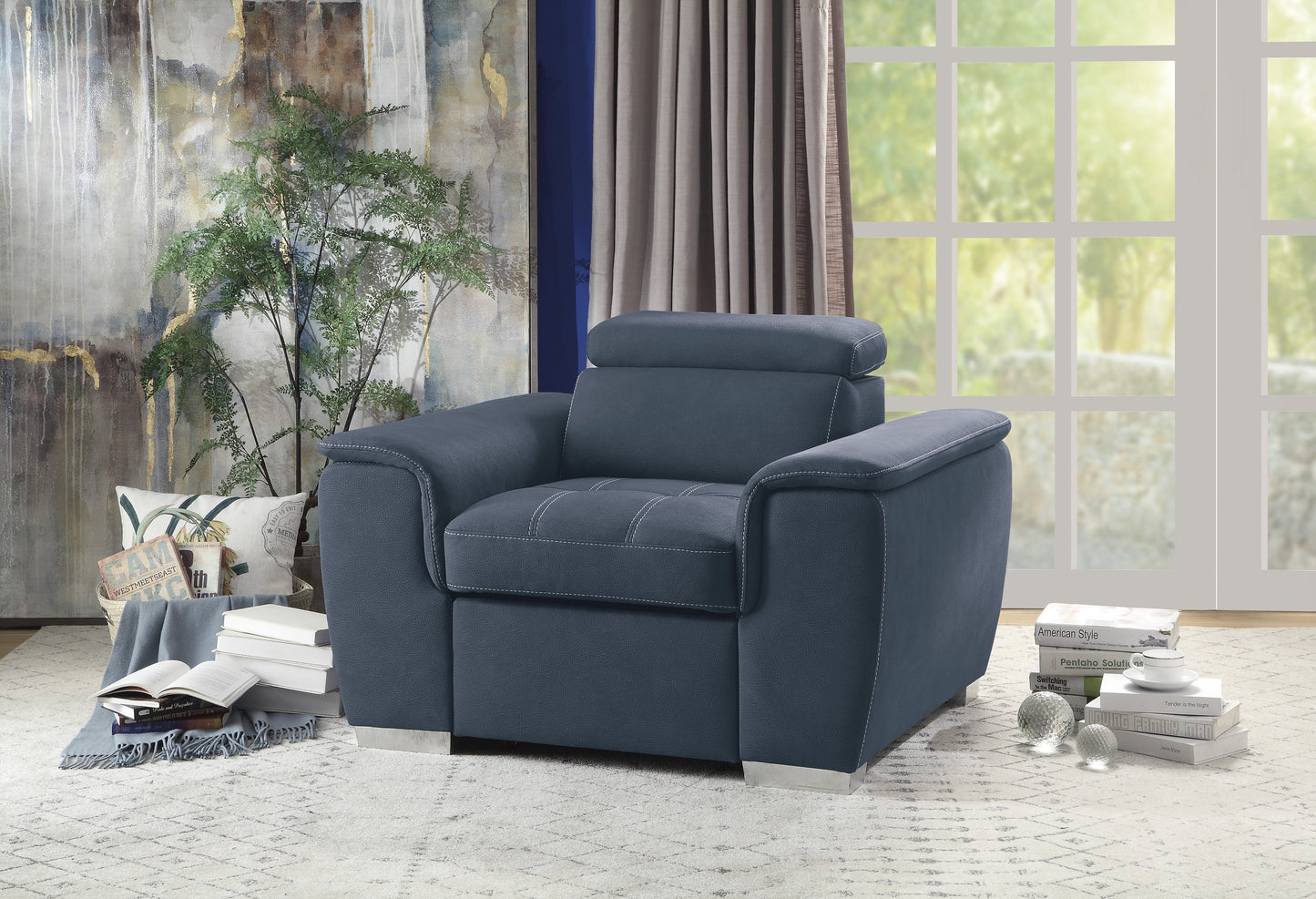Homelegance Ferriday Accent Chair with Pull-out Ottoman in Textured Blue Microfiber 8228BU-1
