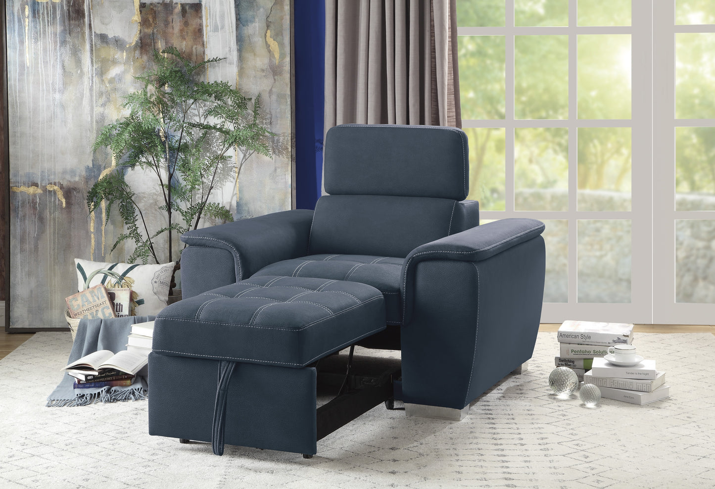Homelegance Ferriday Accent Chair with Pull-out Ottoman in Textured Blue Microfiber 8228BU-1