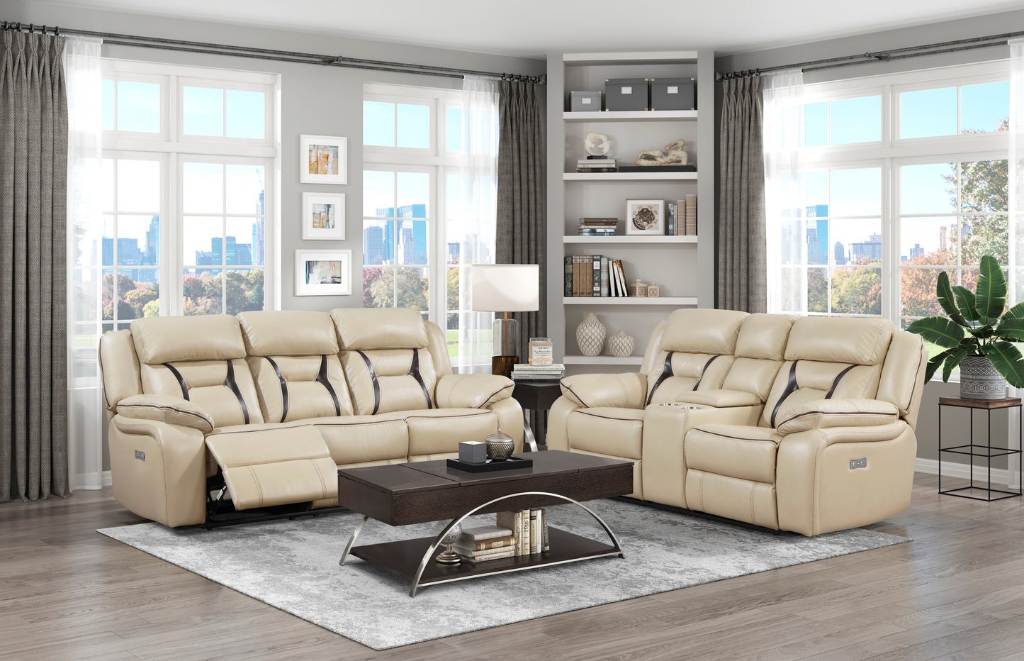 Homelegance Amite Loveseat Power Reclining with Center Console in Beige 8229NBE-2PW