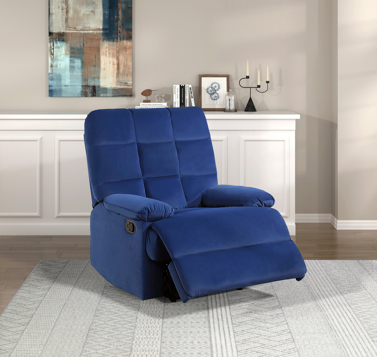 Homelegance Colin Reclining Chair in Blue Velvet with Tab Pull Motion 8525BU-1