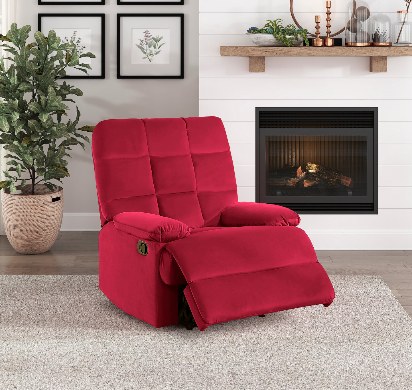 Homelegance Colin Reclining Chair in Red Velvet with Tab Pull Motion 8525RD-1