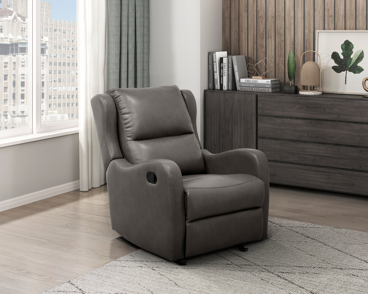 Homelegance Durant Glider Recliner Chair in Gray Faux Leather 8527GRY-1GD