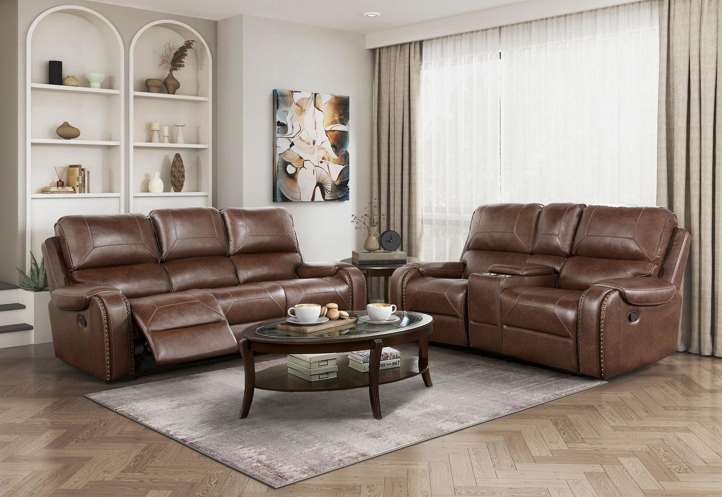 Homelegance Newnan Brown Glider Reclining Loveseat with Center Console 8549BRW-2