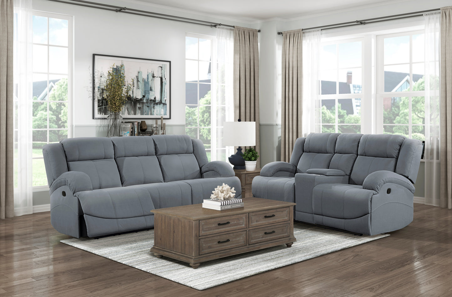 Homelegance Camryn Graphite Blue Reclining Loveseat with Center Console 9207GPB-2