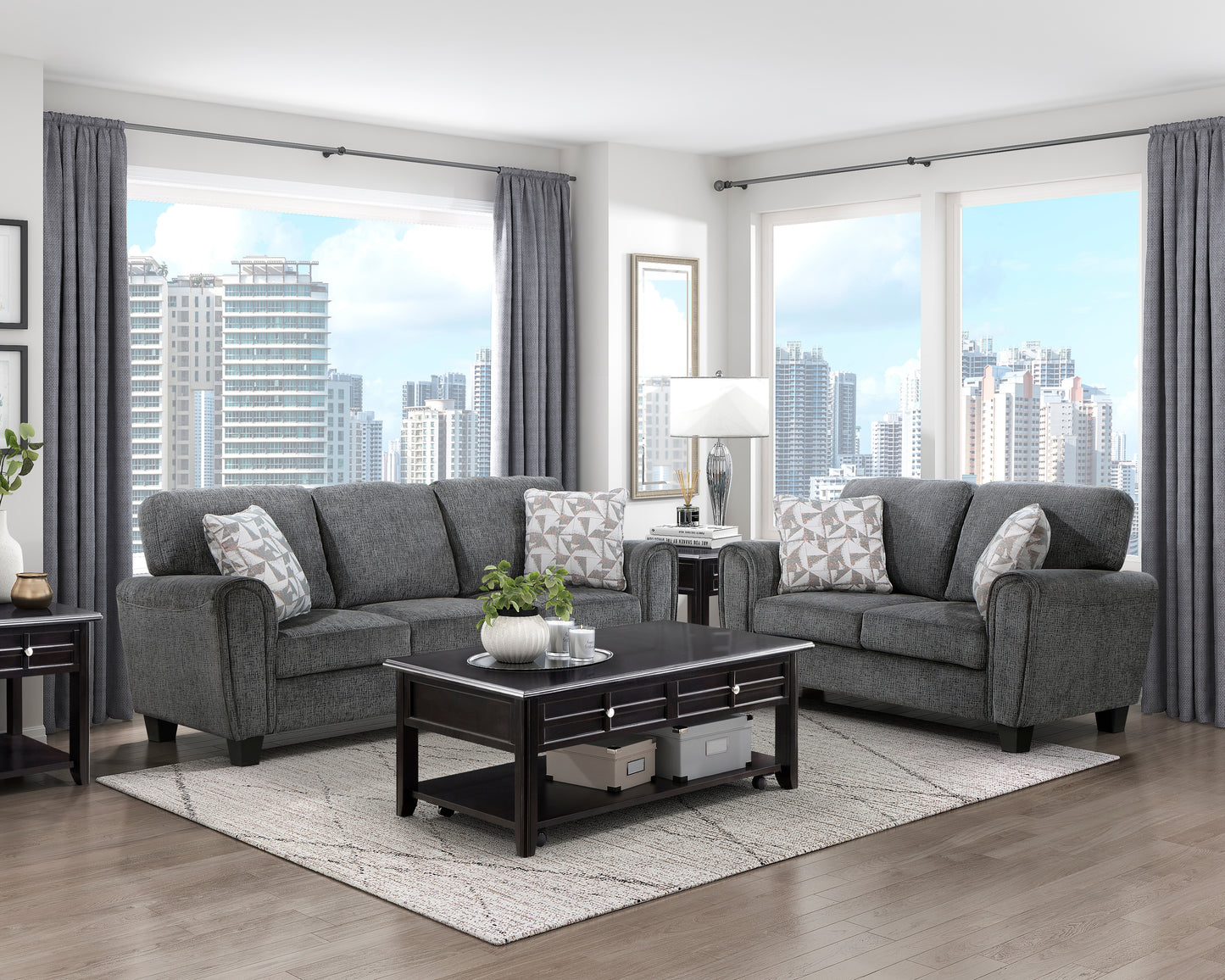 Homelegance Duncan Sectional Sofa Dark Gray Chenille with Abstract Pillows 9214GY-3