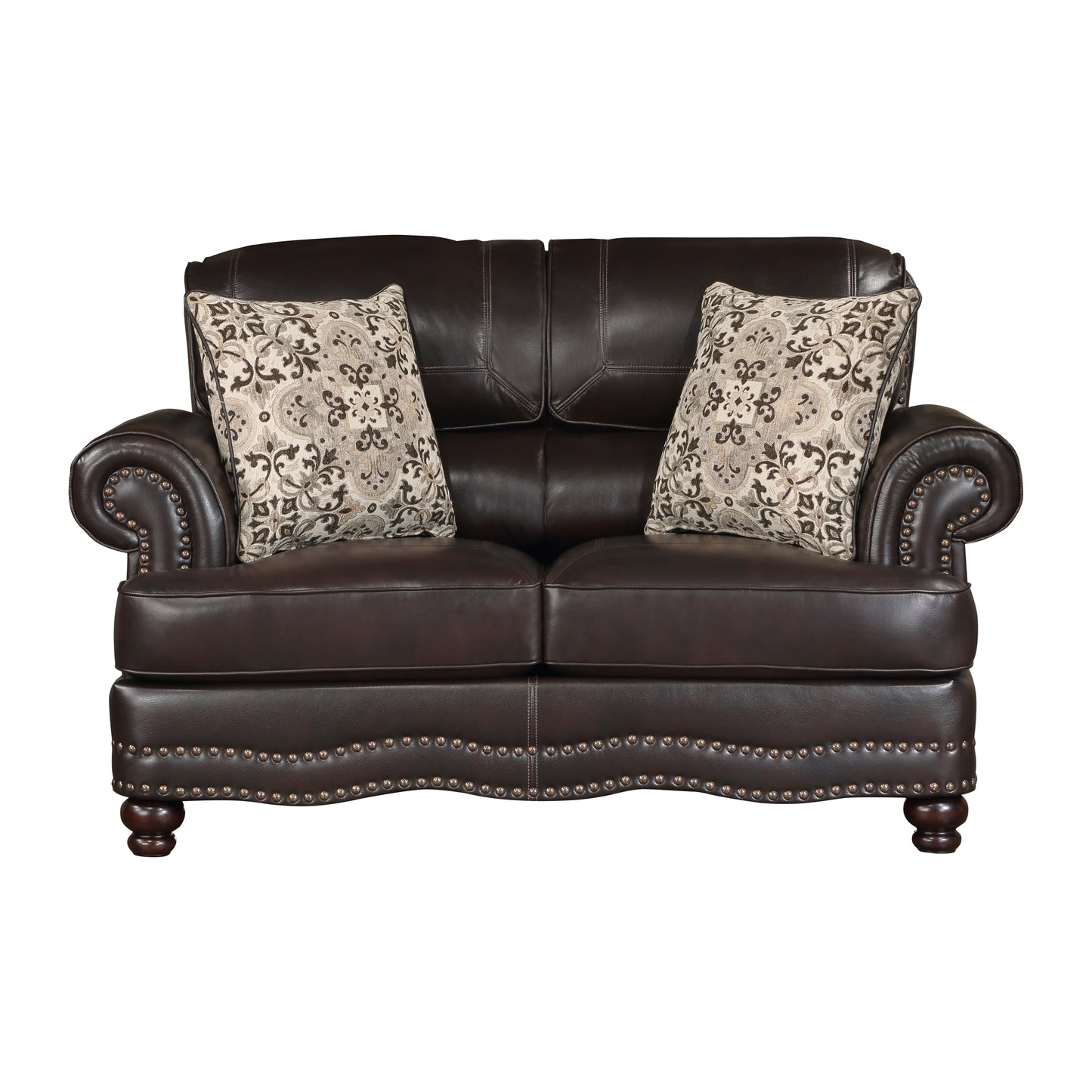 Homelegance Milford Loveseat in Brown Faux Leather with Nailhead Trim 9268BRW-2