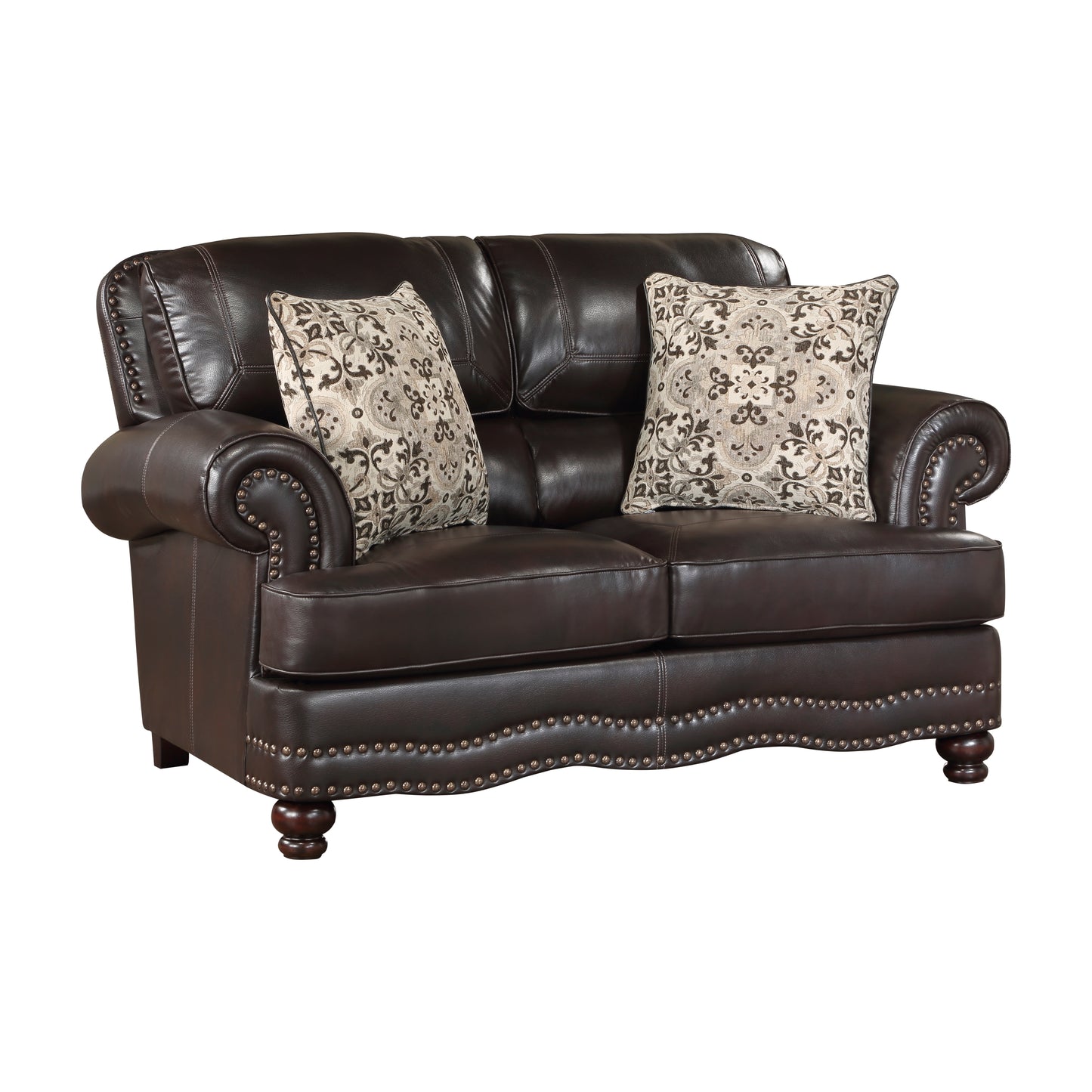 Homelegance Milford Loveseat in Brown Faux Leather with Nailhead Trim 9268BRW-2