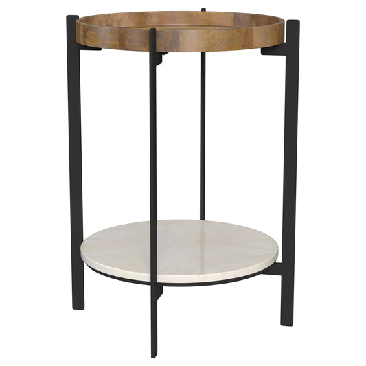 Adhvik Round Side Table with Marble Shelf Natural and Black