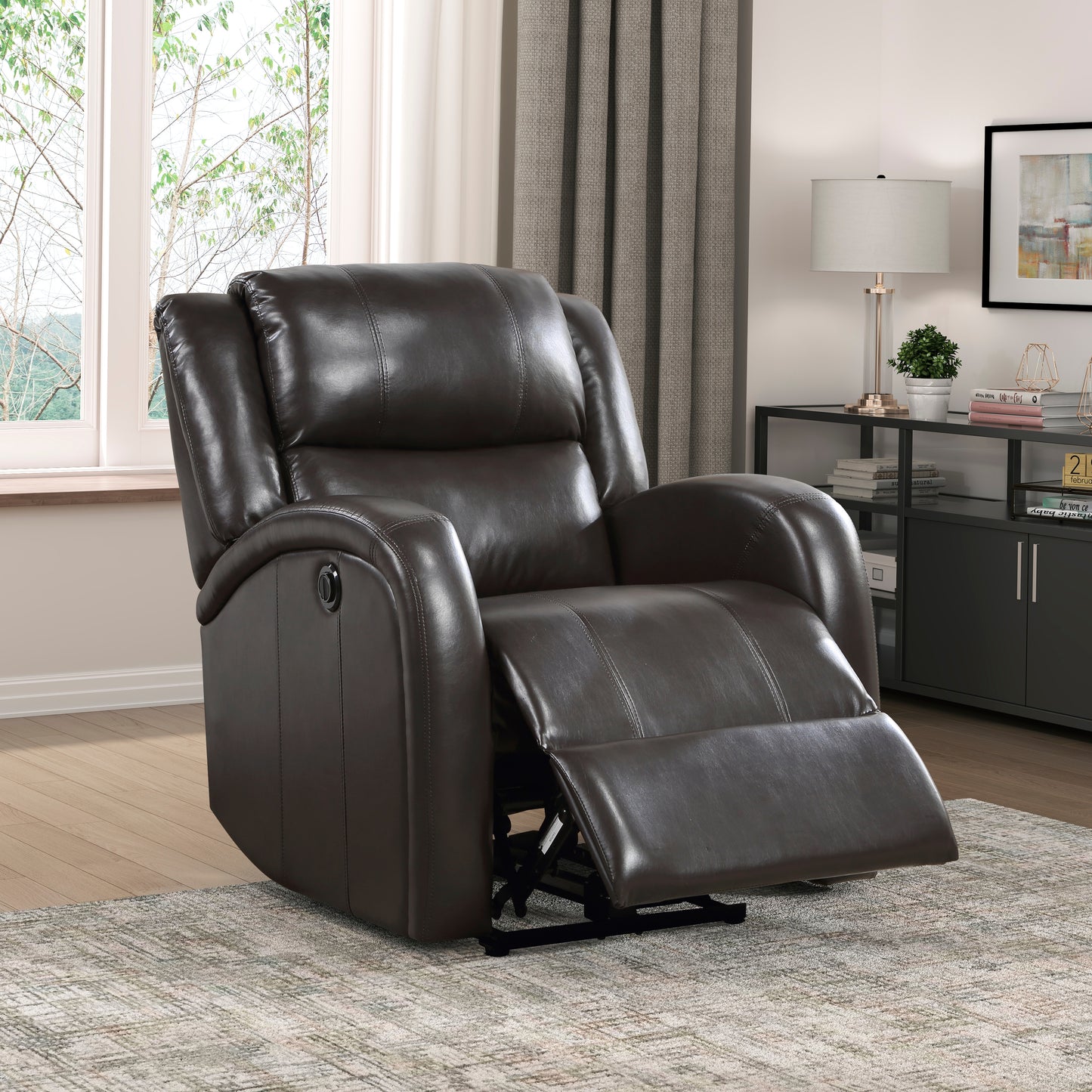 Homelegance Foxcroft Reclining Chair Power Recliner in Brown Faux Leather 9316PUBR-1PW