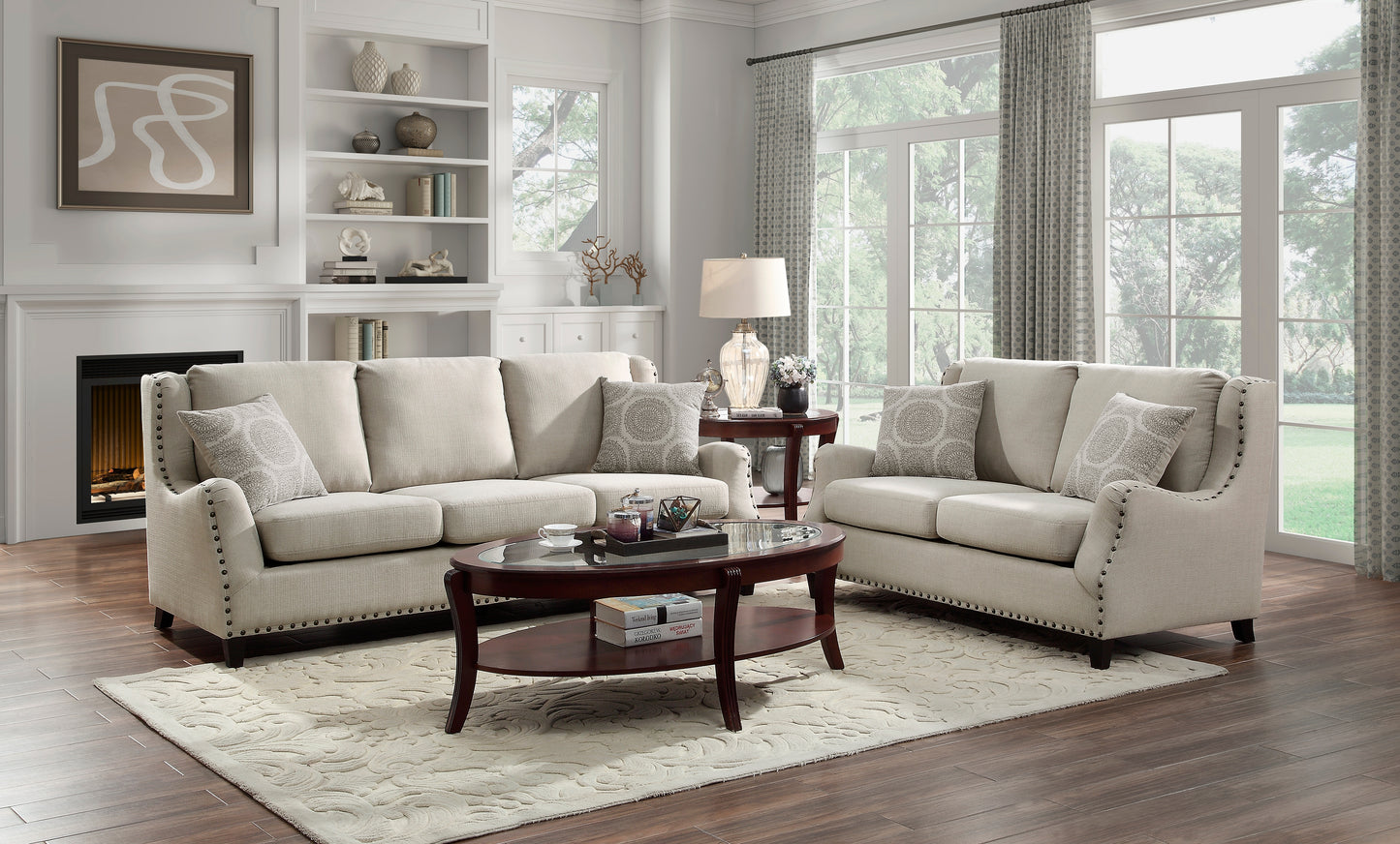 Homelegance Halton Sectional Sofa Beige Textured Fabric with Nailhead Trim 9339BE-3