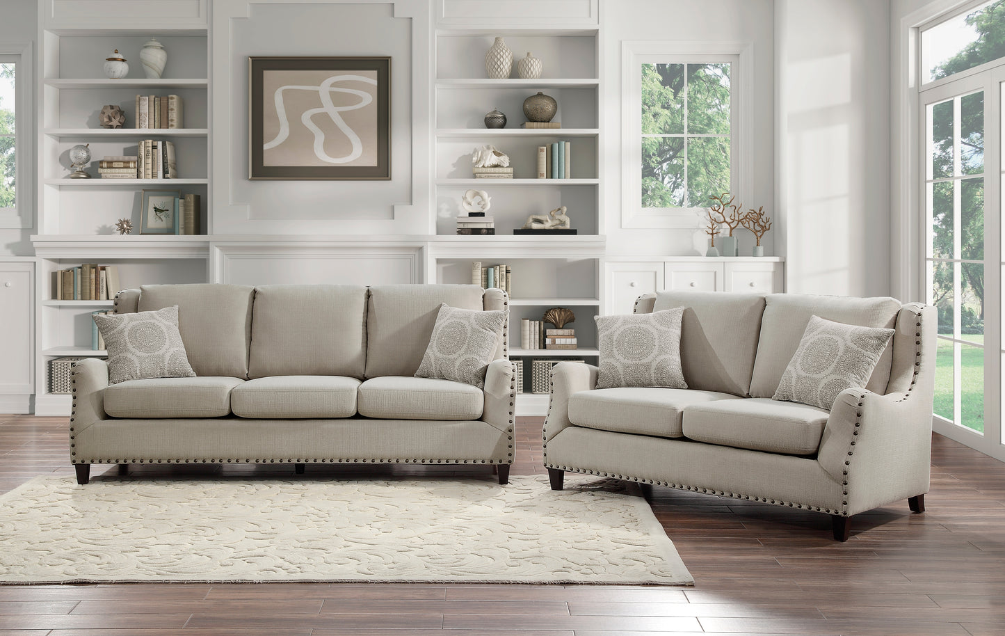 Homelegance Halton Sectional Sofa Beige Textured Fabric with Nailhead Trim 9339BE-3