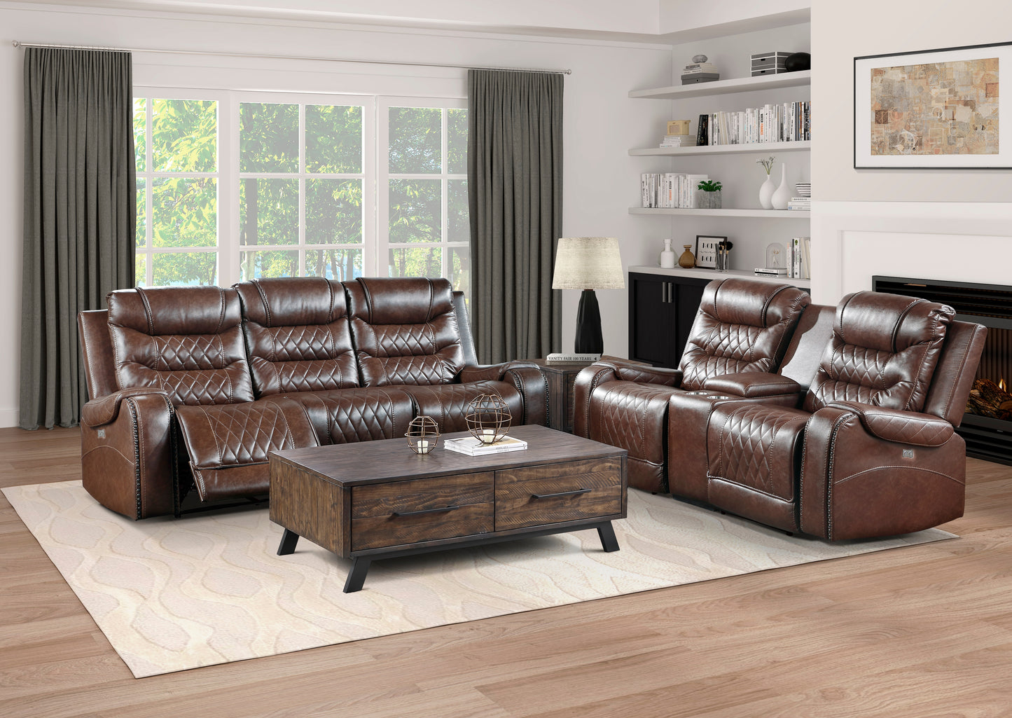 Homelegance Putnam Loveseat Power Reclining with Center Console in Brown 9405BR-2PW