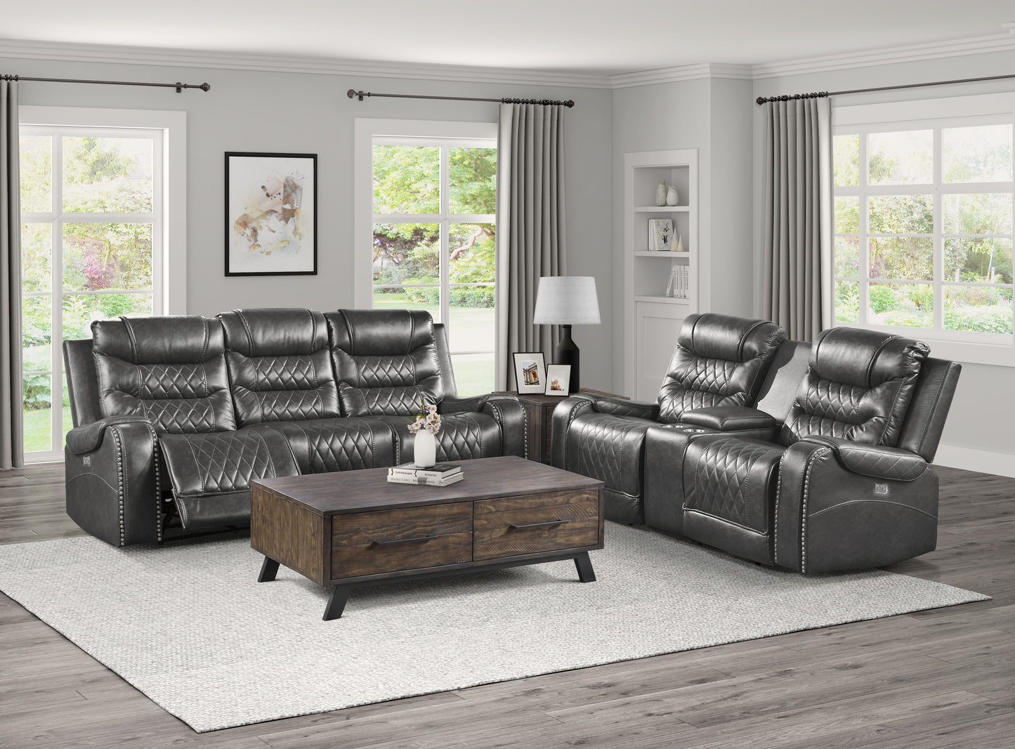 Homelegance Putnam Gray Power Reclining Loveseat with Center Console 9405GY-2PW