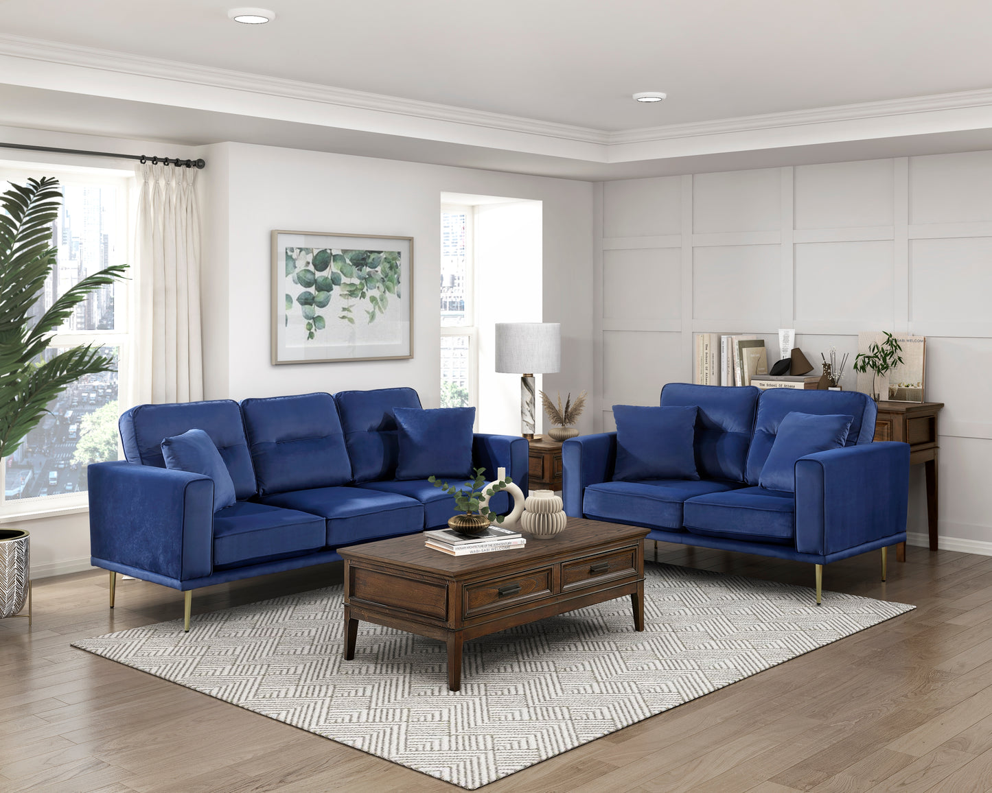 Homelegance Violetta Sectional Sofa in Luxurious Blue Velvet with Gold Legs 9417BUE-3