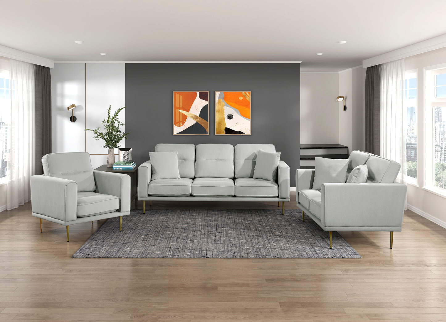 Homelegance Violetta Gray Velvet Sectional Sofa with Gold Finish Legs 9417GRY-3