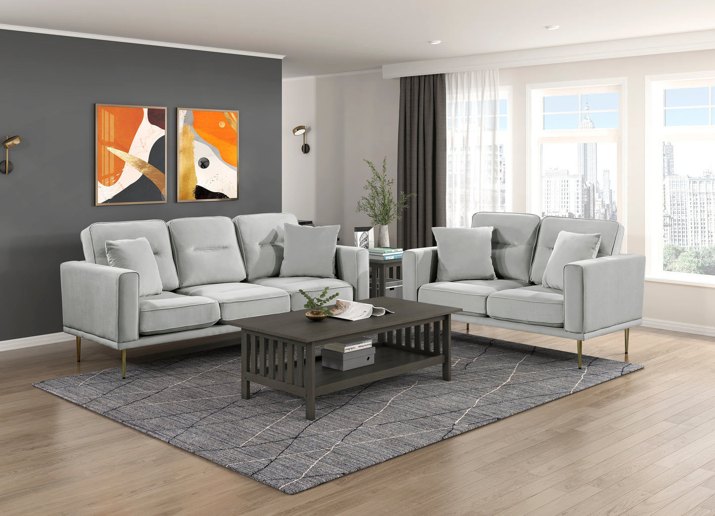 Homelegance Violetta Gray Velvet Loveseat with Gold Metal Legs 9417GRY-2