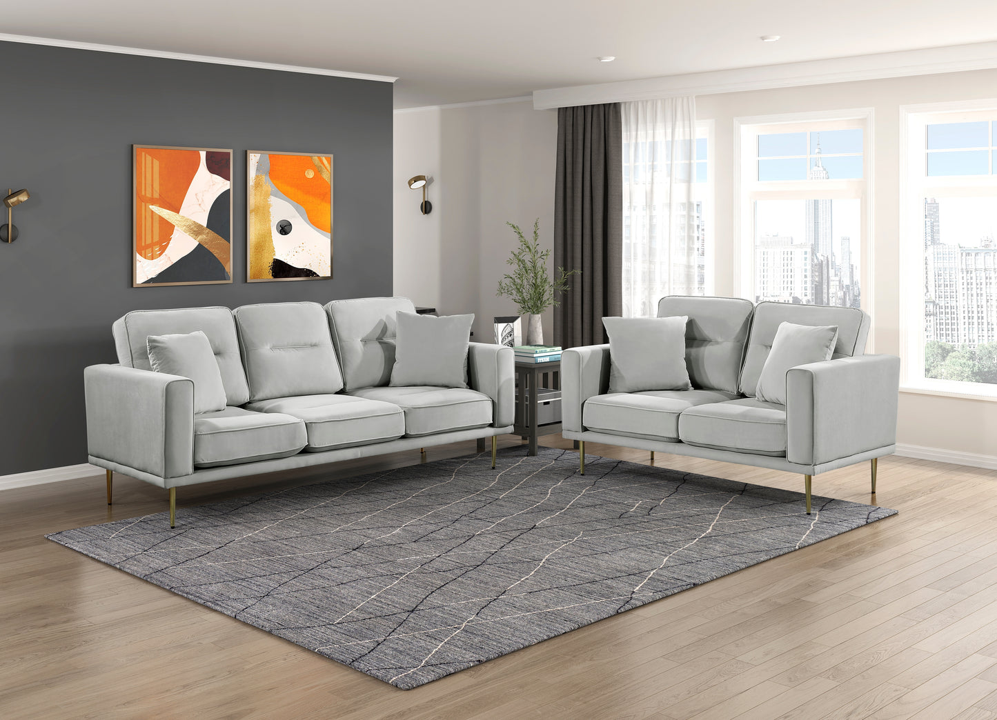Homelegance Violetta Gray Velvet Loveseat with Gold Metal Legs 9417GRY-2