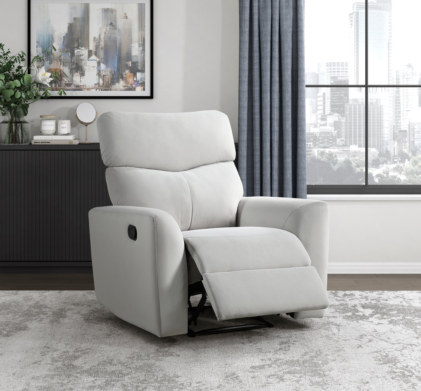 Homelegance Velvet Reclining Chair in Gray with Tab Pull Motion 9450GY-1